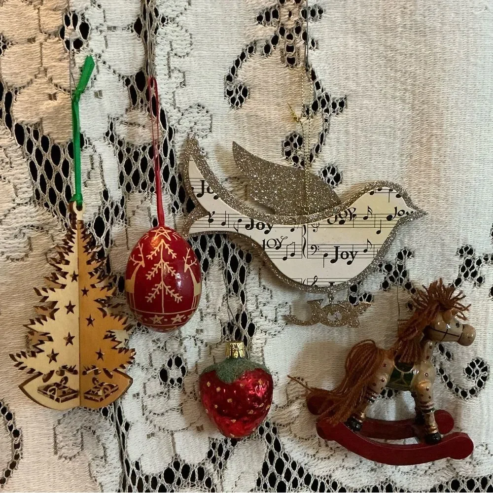Vintage Christmas Ornament Lot Wood Glass Bird Joy 5pc Set